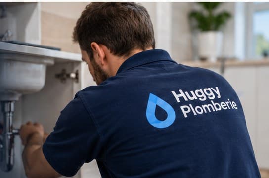 Un technicien Huggy Plomberie en intervention, vu de dos